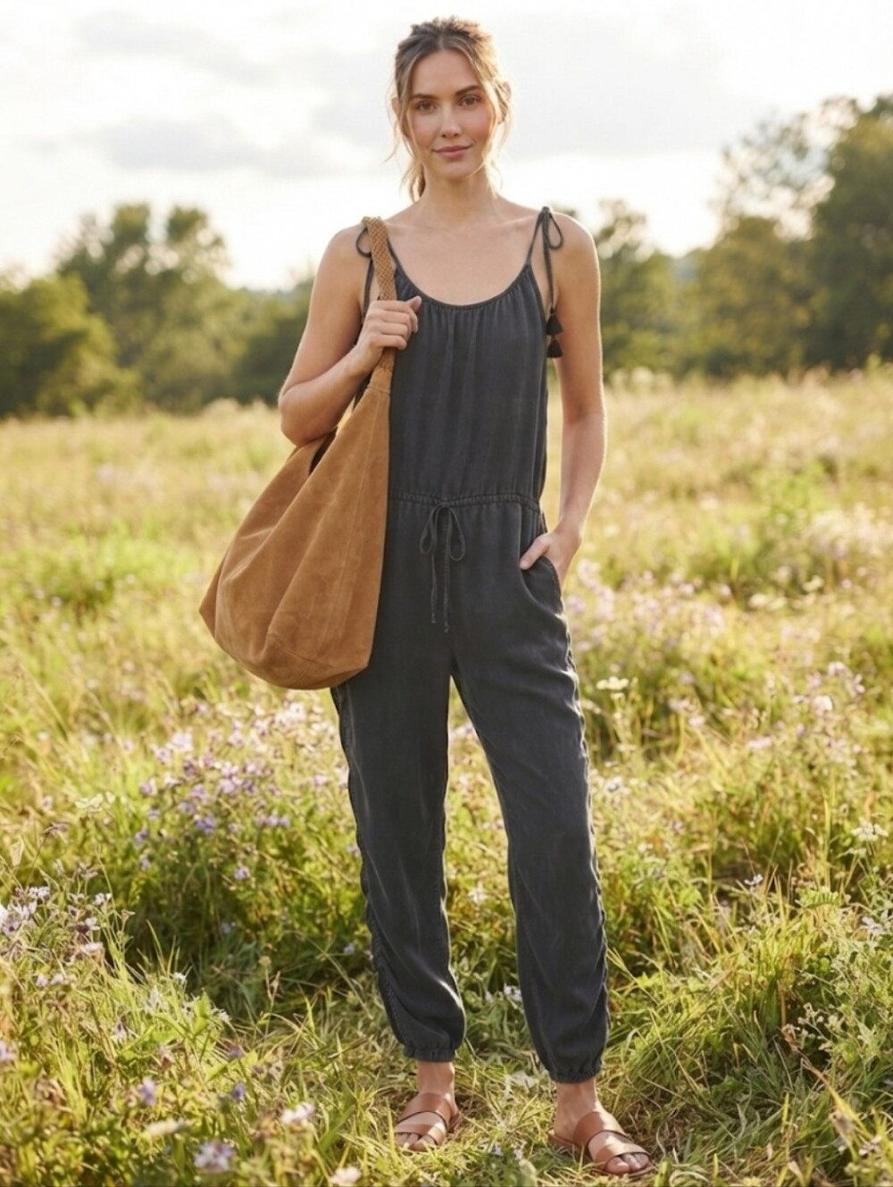 NWOT Unsubscribed 100% Silk Charcoal Tie-Shoulder Jumpsuit W Pockets Msrp $198